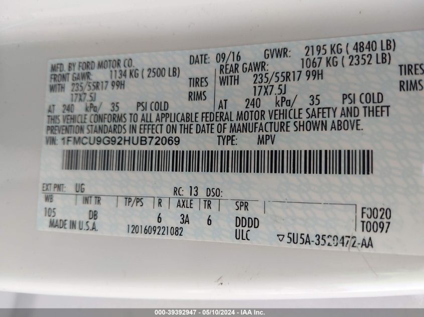 2017 Ford Escape Se VIN: 1FMCU9G92HUB72069 Lot: 39392947