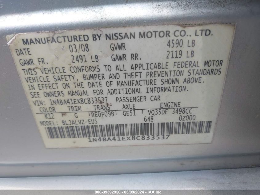 2008 Nissan Maxima 3.5 Se VIN: 1N4BA41EX8C833537 Lot: 39392950