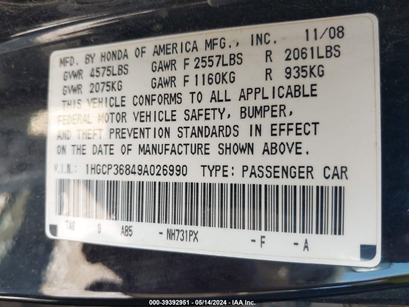 2009 Honda Accord 3.5 Ex-L VIN: 1HGCP36849A026990 Lot: 39392951
