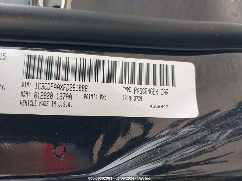 2015 Dodge Dart Se VIN: 1C3CDFAAXFD281886 Lot: 39392963