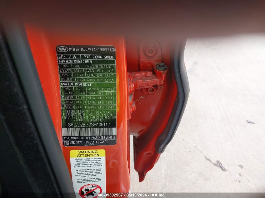 2016 Land Rover Range Rover Evoque Hse Dynamic VIN: SALVD2BG2GH105112 Lot: 39392967