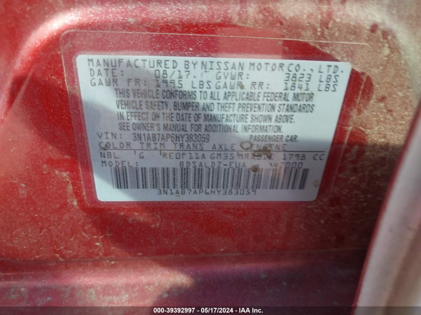 2017 Nissan Sentra Sv VIN: 3N1AB7AP6HY383059 Lot: 39392997