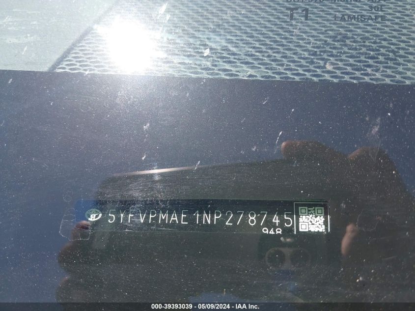 VIN 5YFVPMAE1NP278745 2022 TOYOTA COROLLA LE