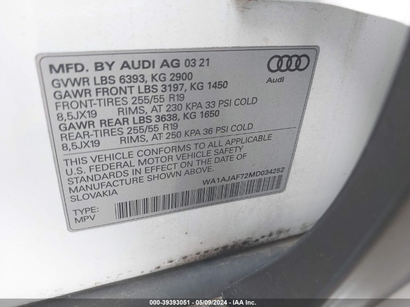 2021 Audi Q7 Premium 45 Tfsi Quattro Tiptronic VIN: WA1AJAF72MD034252 Lot: 39393051