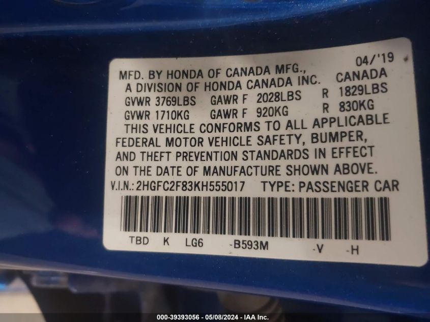 VIN 2HGFC2F83KH555017 2019 HONDA CIVIC SPORT