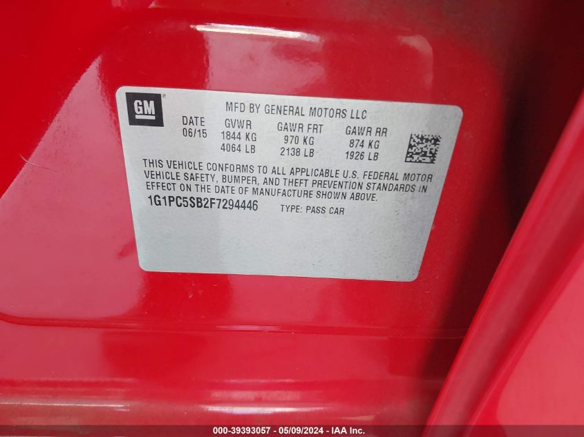 2015 Chevrolet Cruze 1Lt Auto VIN: 1G1PC5SB2F7294446 Lot: 39393057