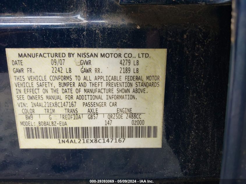 2008 Nissan Altima 2.5 S VIN: 1N4AL21EX8C147167 Lot: 39393069