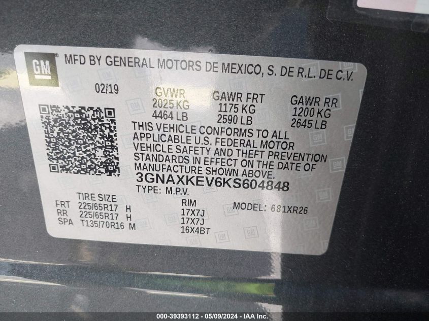 2019 Chevrolet Equinox Lt VIN: 3GNAXKEV6KS604848 Lot: 39393112