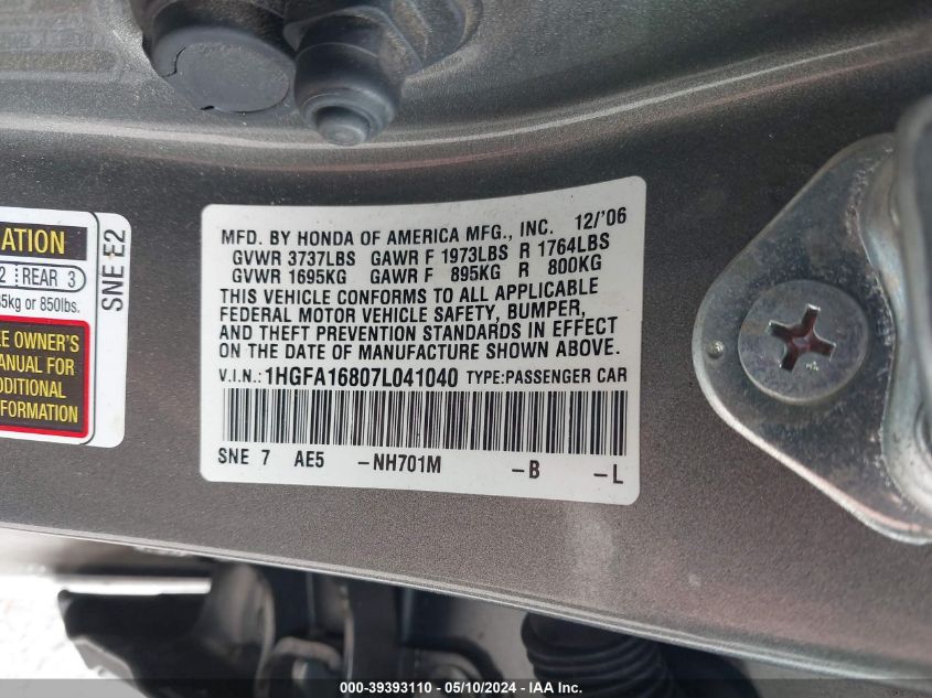 2007 Honda Civic Ex VIN: 1HGFA16807L041040 Lot: 39393110