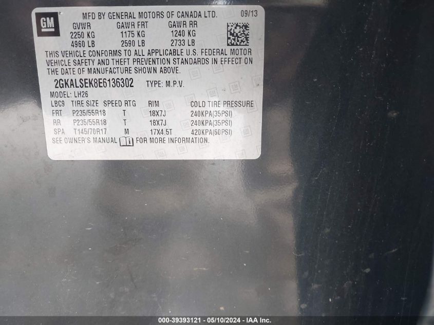 2014 GMC Terrain Slt VIN: 2GKALSEK8E6136302 Lot: 39393121