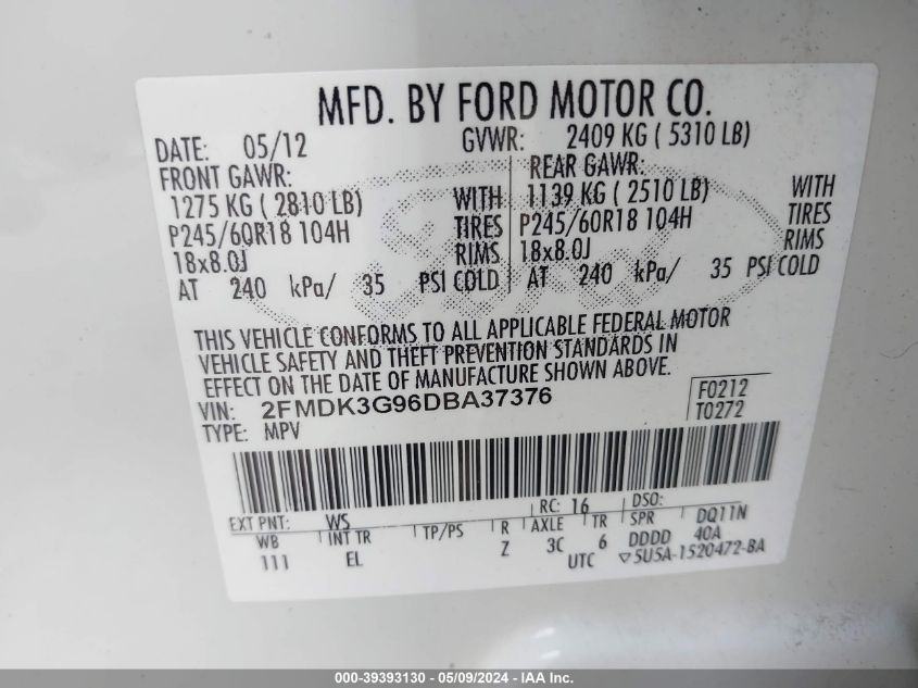 2FMDK3G96DBA37376 2013 Ford Edge Se