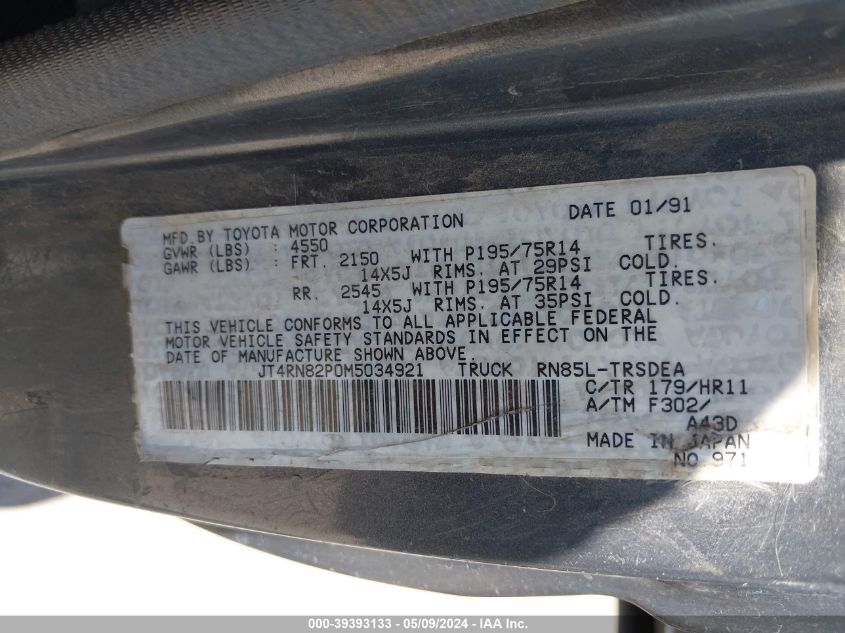 1991 Toyota Pickup 1/2 Ton Lng Wheelbase Dlx VIN: JT4RN82P0M5034921 Lot: 39393133