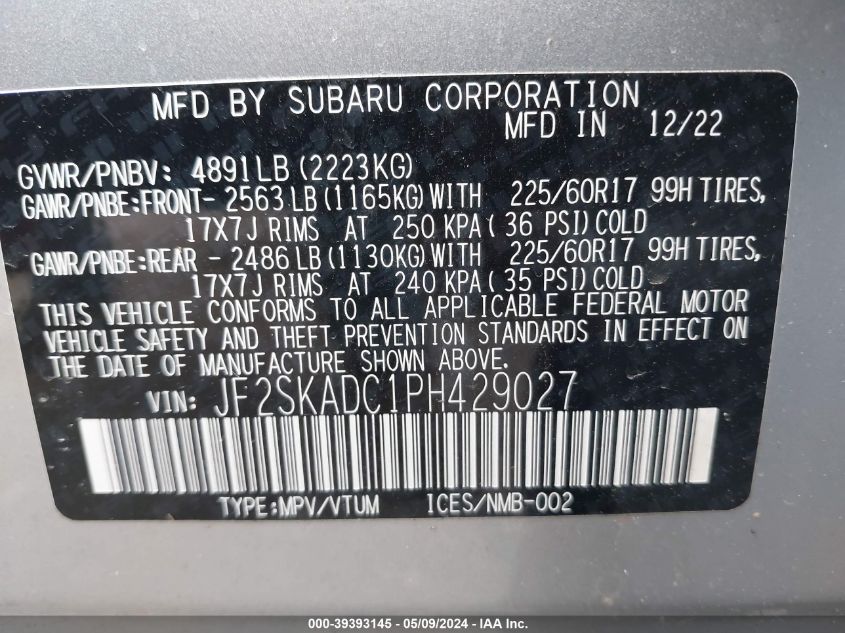 2023 Subaru Forester Premium VIN: JF2SKADC1PH429027 Lot: 39393145