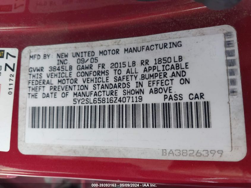 2006 Pontiac Vibe VIN: 5Y2SL65816Z407119 Lot: 39393163