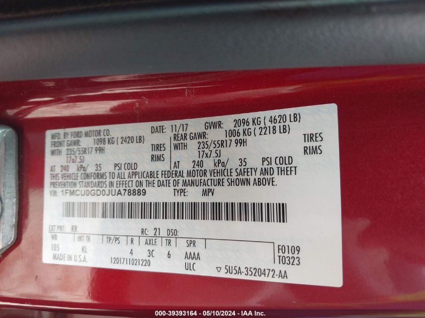 2018 Ford Escape Se VIN: 1FMCU0GD0JUA78889 Lot: 39393164