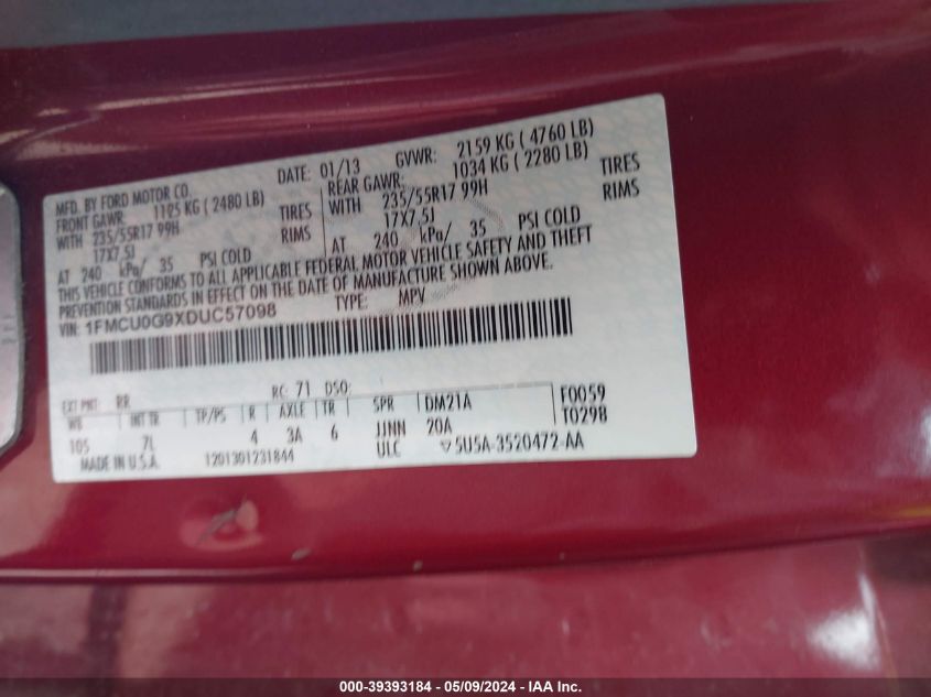 2013 Ford Escape Se VIN: 1FMCU0G9XDUC57098 Lot: 39393184