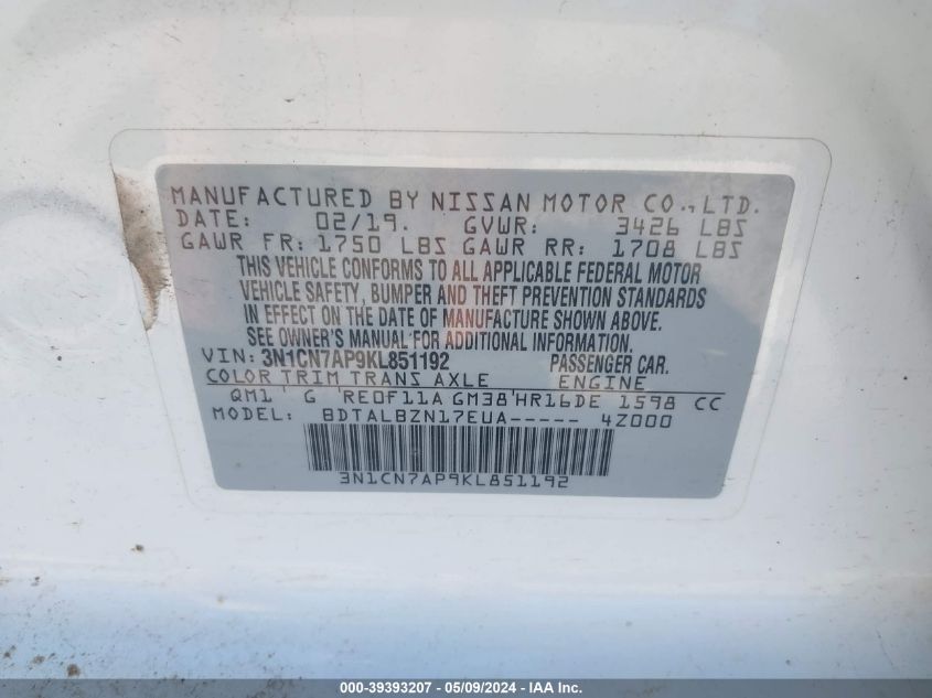 2019 Nissan Versa 1.6 Sv VIN: 3N1CN7AP9KL851192 Lot: 39393207