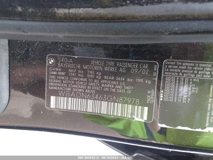2003 BMW 540Ia VIN: WBADN63463GN87978 Lot: 39393212