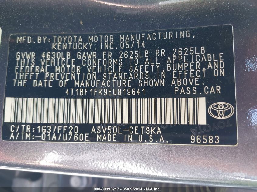 2014 Toyota Camry Se VIN: 4T1BF1FK9EU819641 Lot: 39393217