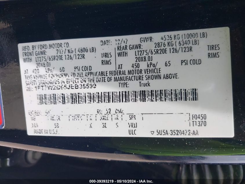 2018 Ford F-250 Lariat VIN: 1FT7W2B65JEB35599 Lot: 39393219