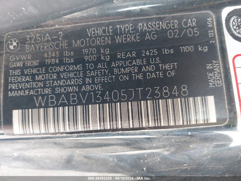 2005 BMW 325Ci VIN: WBABV13405JT23848 Lot: 39393228
