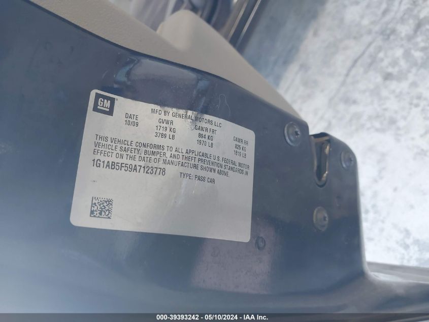 2010 Chevrolet Cobalt Ls VIN: 1G1AB5F59A7123778 Lot: 39393242