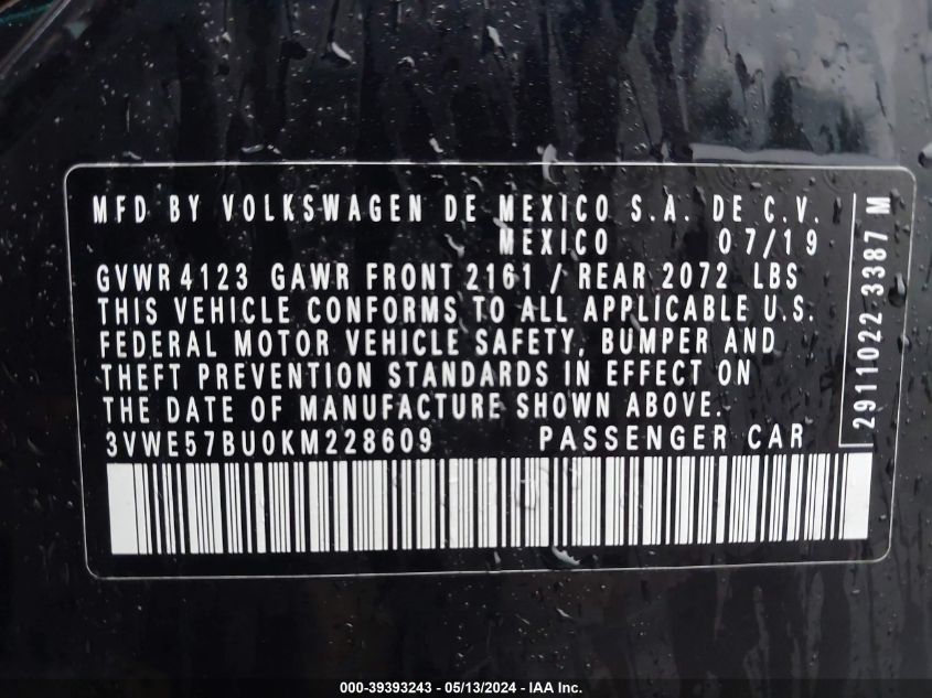 2019 Volkswagen Jetta 1.4T Sel VIN: 3VWE57BU0KM228609 Lot: 39393243