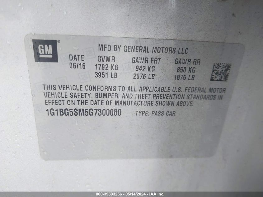 2016 Chevrolet Cruze Premier Auto VIN: 1G1BG5SM5G7300080 Lot: 39393256