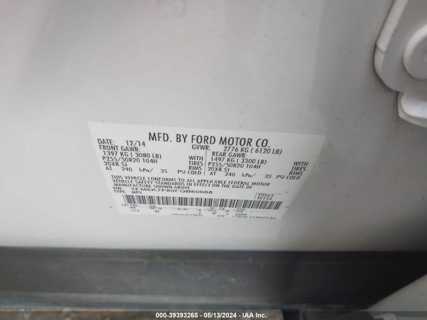 2015 Ford Explorer Limited VIN: 1FM5K7F89FGB60668 Lot: 39393265