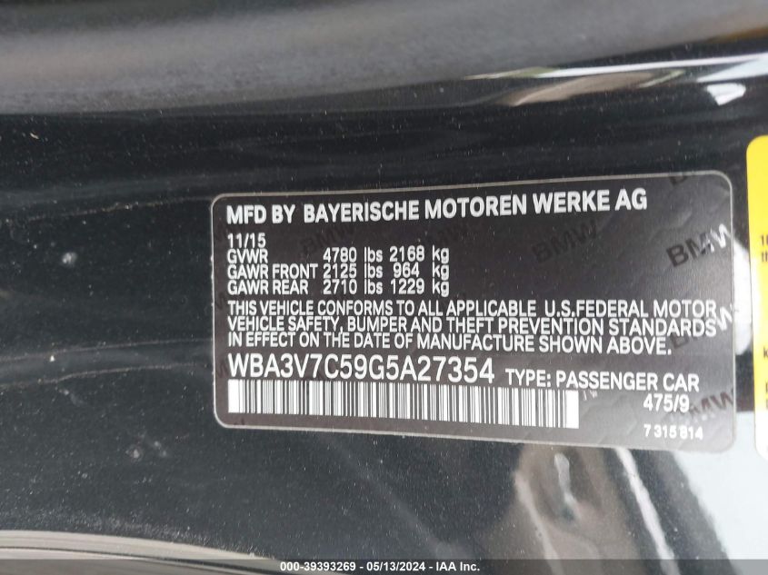 2016 BMW 428I VIN: WBA3V7C59G5A27354 Lot: 39393269