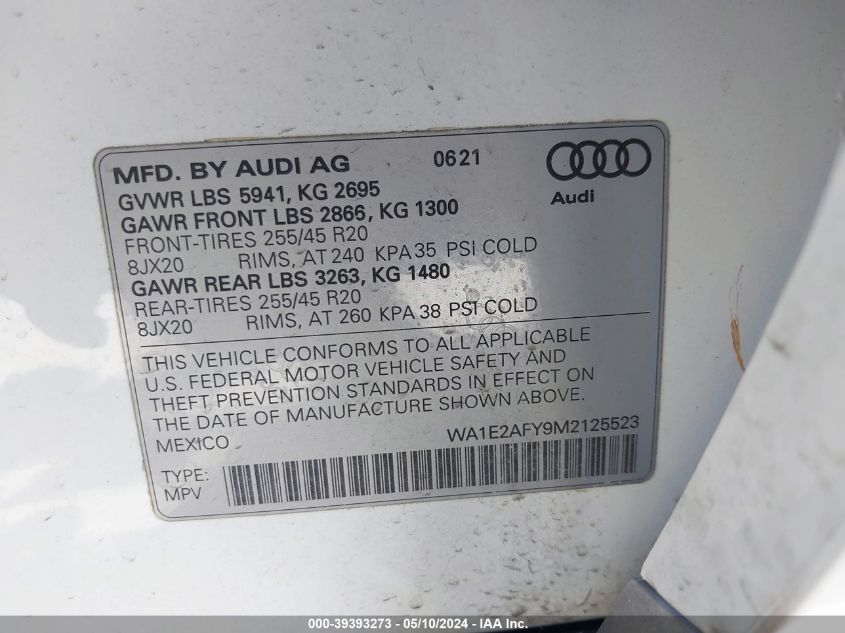 2021 Audi Q5 Premium Plus 55 Tfsi E Quattro S Tronic VIN: WA1E2AFY9M2125523 Lot: 39393273