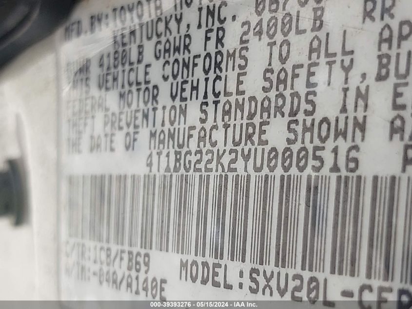 2000 Toyota Camry Le VIN: 4T1BG22K2YU000516 Lot: 39393276