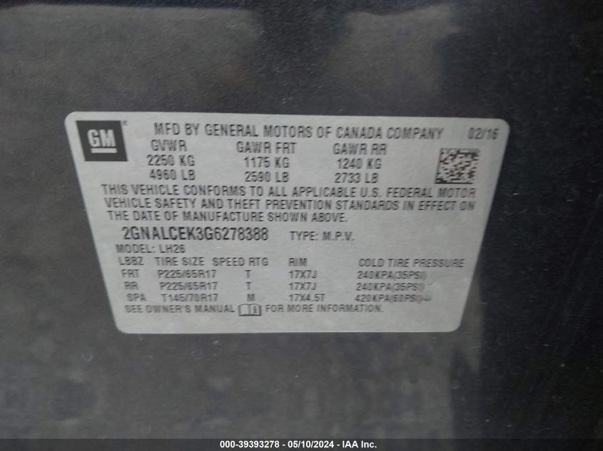 2GNALCEK3G6278388 2016 Chevrolet Equinox Lt