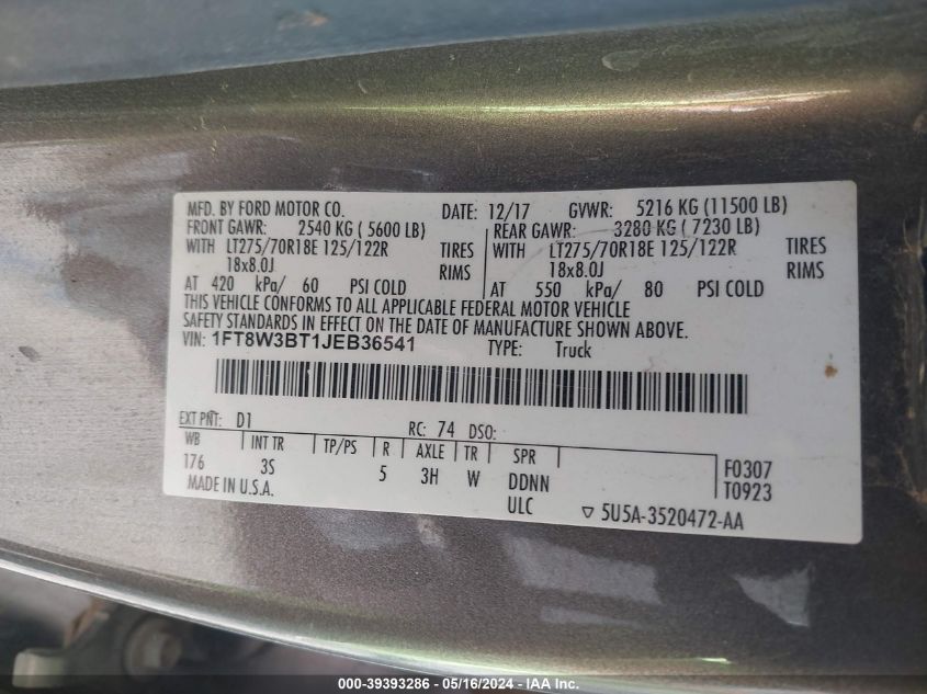 2018 Ford F-350 Xlt VIN: 1FT8W3BT1JEB36541 Lot: 39393286