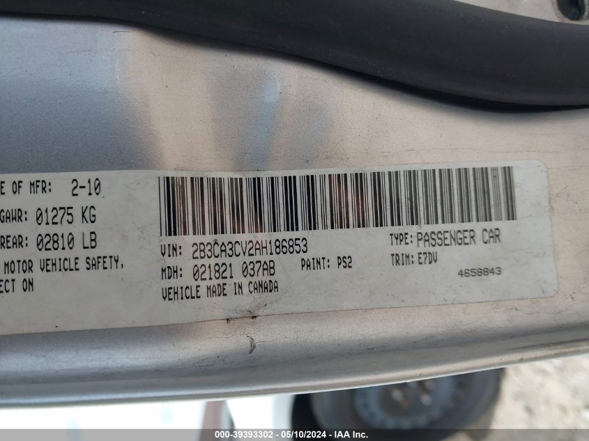 2010 Dodge Charger Sxt VIN: 2B3CA3CV2AH186853 Lot: 39393302