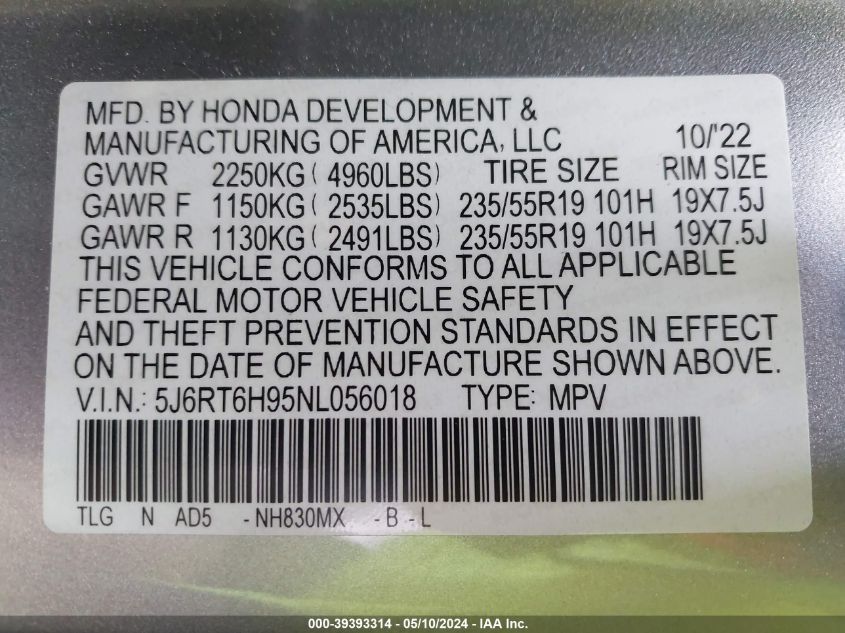 2022 Honda Cr-V Hybrid Touring VIN: 5J6RT6H95NL056018 Lot: 39393314