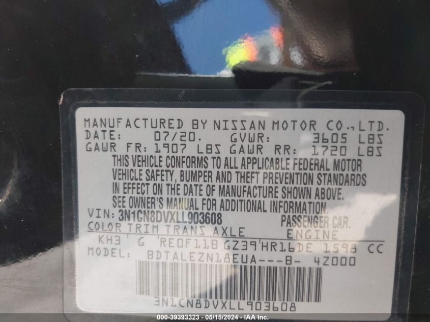 2020 Nissan Versa S Xtronic Cvt VIN: 3N1CN8DVXLL903608 Lot: 39393323