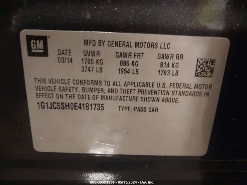 2014 Chevrolet Sonic Lt Auto VIN: 1G1JC5SH0E4181735 Lot: 39393334