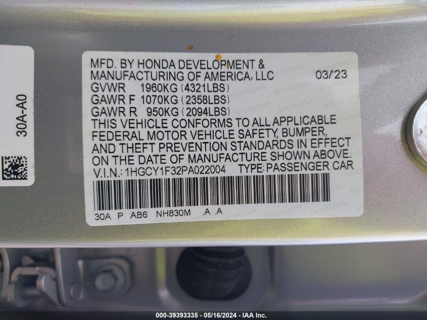 2023 Honda Accord Ex VIN: 1HGCY1F32PA022004 Lot: 39393335