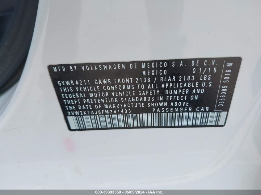 2015 Volkswagen Jetta 2.0L S VIN: 3VW2K7AJ8FM291403 Lot: 39393350