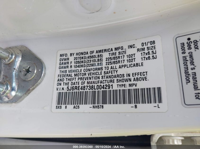 2008 Honda Cr-V Ex-L VIN: 5J6RE48738L004291 Lot: 39393360