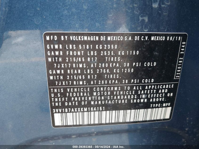 2019 Volkswagen Tiguan 2.0T S VIN: 3VV1B7AXXKM164151 Lot: 39393365