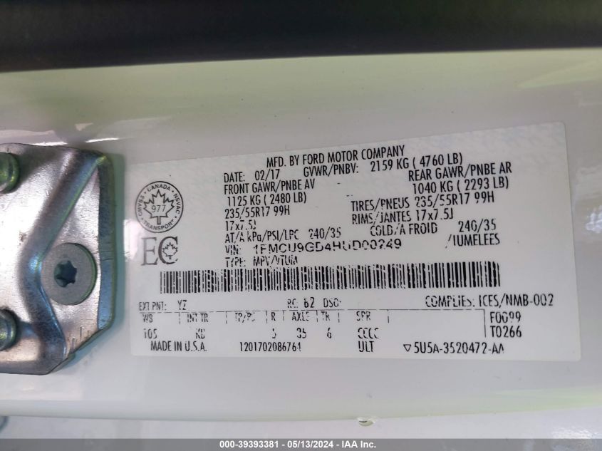 2017 Ford Escape Se VIN: 1FMCU9GD4HUD00249 Lot: 39393381