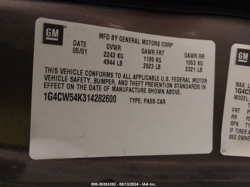 2001 Buick Park Avenue VIN: 1G4CW54K314282600 Lot: 39393392