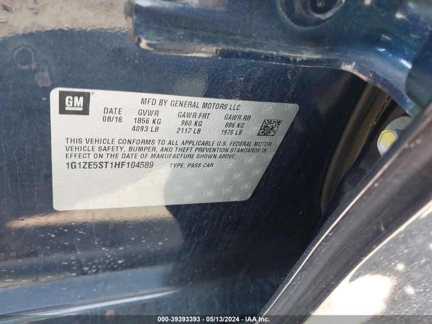 2017 Chevrolet Malibu 1Lt VIN: 1G1ZE5ST1HF104589 Lot: 39393393