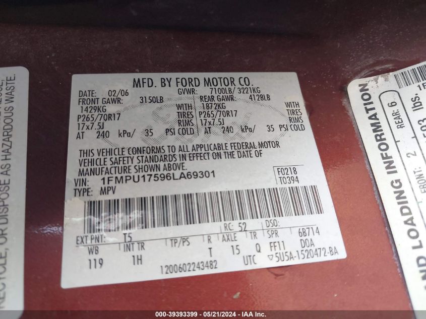 2006 Ford Expedition Eddie Bauer/King Ranch VIN: 1FMPU17596LA69301 Lot: 39393399