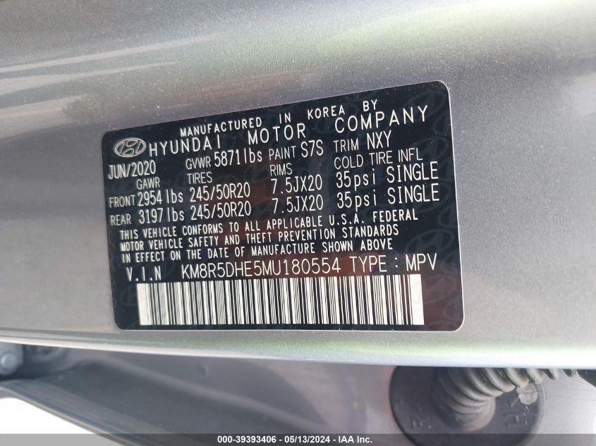 2021 Hyundai Palisade Limited VIN: KM8R5DHE5MU180554 Lot: 39393406