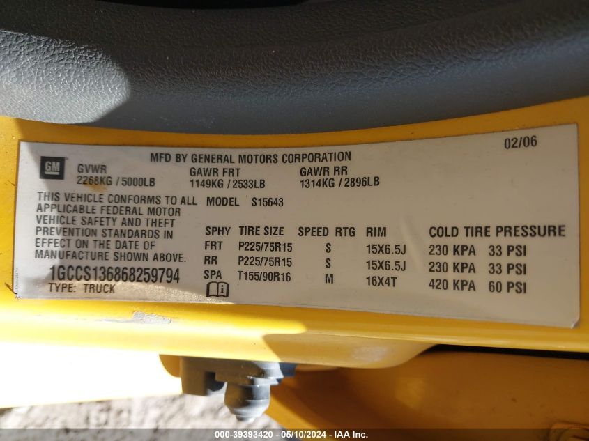 2006 Chevrolet Colorado Lt VIN: 1GCCS136868259794 Lot: 39393420