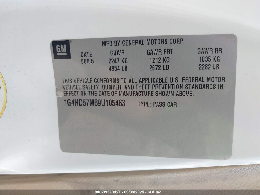 2009 Buick Lucerne Cxl VIN: 1G4HD57M69U105463 Lot: 39393427