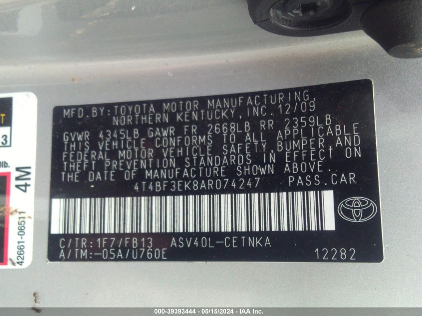 2010 Toyota Camry Se/Le/Xle VIN: 4T4BF3EK8AR074247 Lot: 39393444